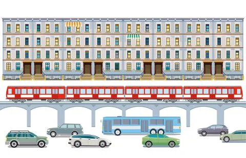 Road transport with elevated train and cityscape illustration Illustrazione stock