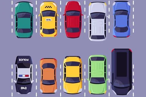 Road transport types top view on the parking, urban civilian and van vehicles Stock Illustration