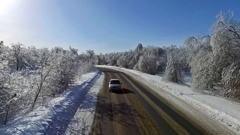 The road trees snow ice Sun Video stock 85836956
