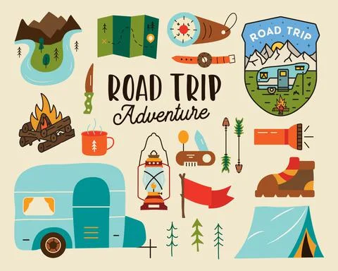 Road trip adventure vector elements Stock Illustration