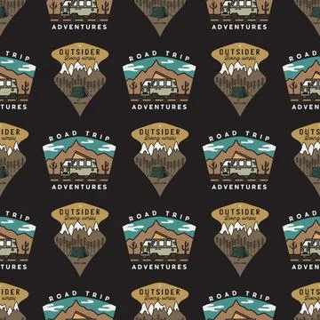 Road trip badges pattern. Camping Adventure seamless background with mountain Stock-Illustration