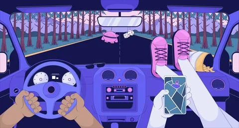 Road trip car interior with gps navigation and snacks lofi wallpaper Stock Illustration