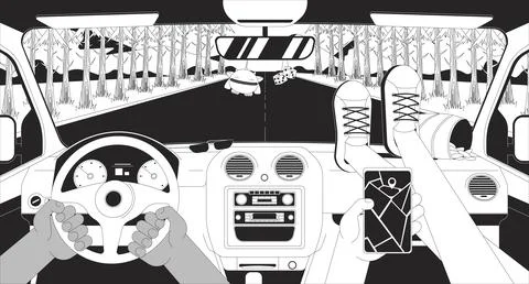Road trip car interior with gps navigation and snacks lofi illustration outline Stock Illustration