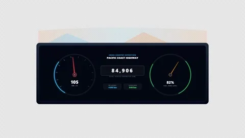 Road Trip Dashboard View with Rolling Odometer, Fuel Gauge and a Scenic Window R Video stock 346682500