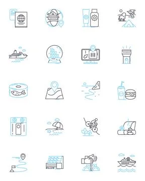 Road trip linear icons set. Adventure, Freedom, Exploration, Wanderlust, Scenic Stock Illustration
