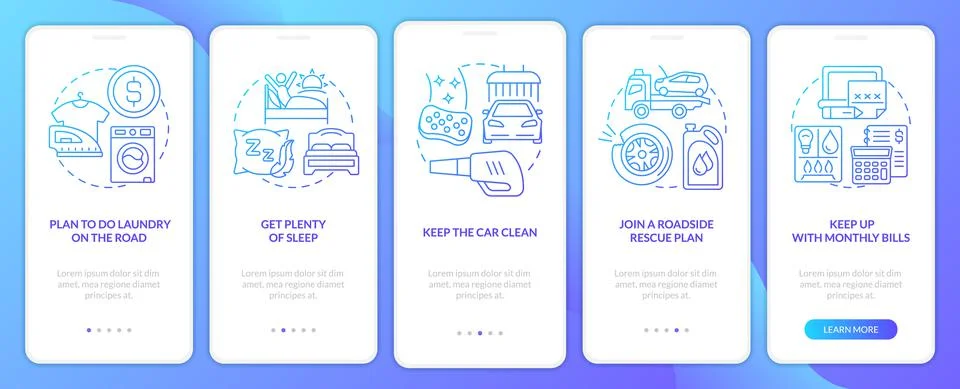 Road trip recommendations blue gradient onboarding mobile app screen 스톡 일러스트