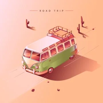 Road trip by retro van. Vector illustration. Stock Illustration