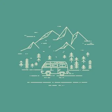 Road trip vector flat line illustration on green background Stock Illustration