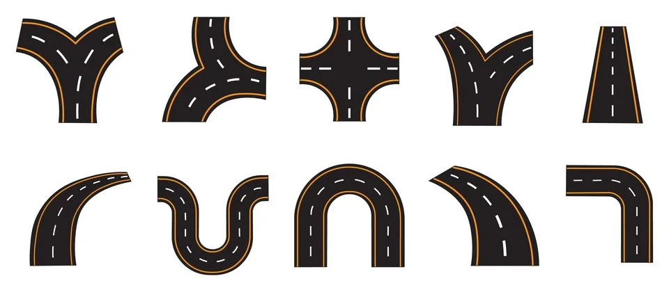 Road Vector Set with Curves, Intersections, Turns, and Highway Elements Stock Illustration