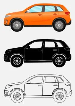 Off-road vehicle in three different styles: orange, black silhou Stock Illustration