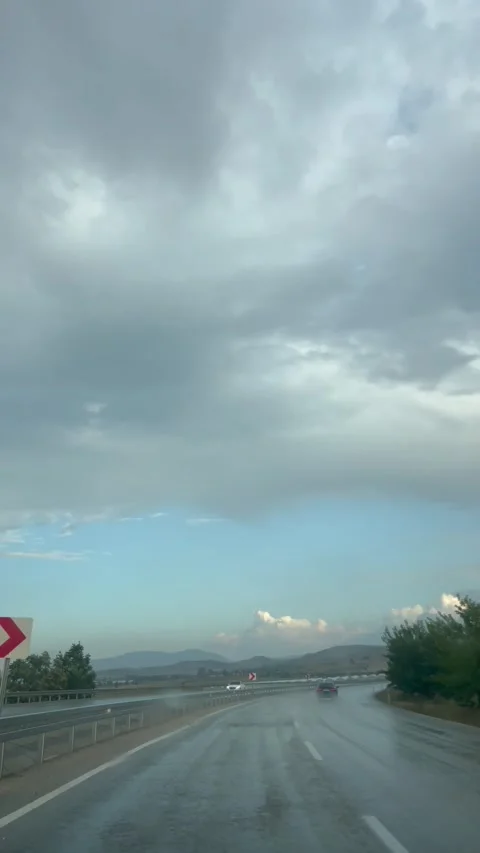 Road view with clouds while driving on a rainy day Stock Footage 337132338