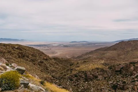 The road view of mountain landscape, fields. Borrego Springs. Stock Photos