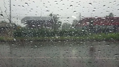 Road view through car windshield with rain drops, Waiting for cross the road. Stock Footage 98811828