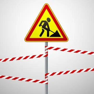Road warning sign on a pole with a guard tape. Road works. Vector illustration. Stock Illustration