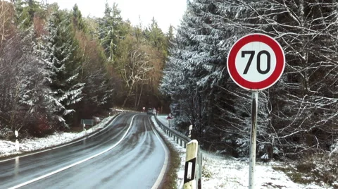 Road warning sign - speed limit 70 Stock Footage 45454092