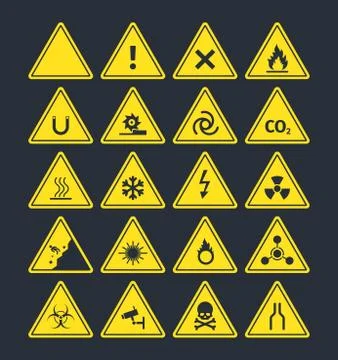 Road warning signs set. Triangular yellow symbols increased fire peril danger of Stock Illustration