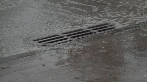 Road, Water, Rain, Flood. 4K UHD Footage. Stock Footage 243215480