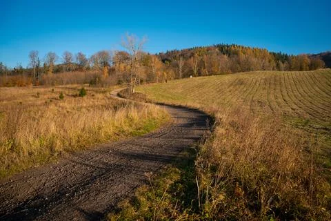 A road winding through fields and meadows. Part of the hiking trail Stock-Fotos