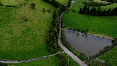 A road is winding through a landscape with meadows Stock Footage 234959742