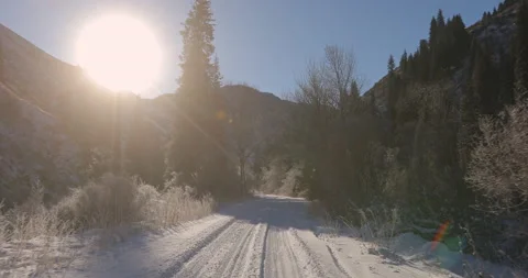 Road winds between pine-covered mountain slopes in winter sunlight Stock Footage 151975120