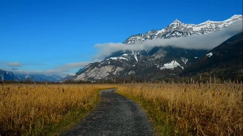 The road winds its way through the field. Stock Footage 82902712