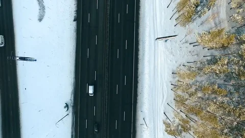Road in a winter forest from above Stock Footage 70532935