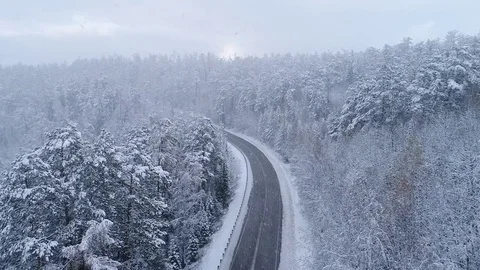 Road in the winter forest. Heavy snowfall. Aerial View. Siberian taiga. Video stock 81157683