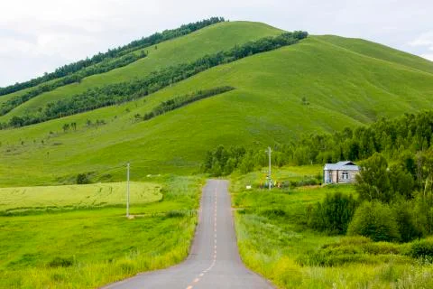 A road without cars though the grasslands Stock Photos
