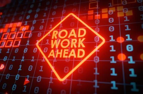 Road Work Ahead. Red warning key on computer circuit 库存插图