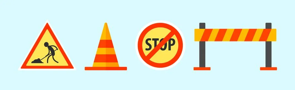 Road Work Flat Object with Stop Sign, Cone and Barrier Vector Set Stock Illustration