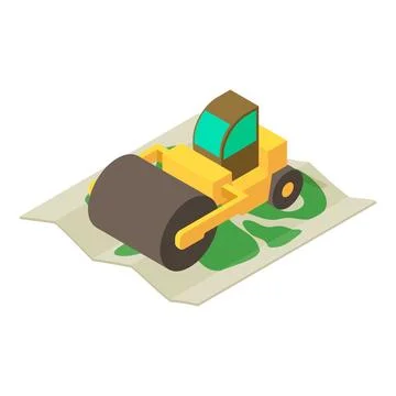 Road work icon isometric vector. Large yellow road roller on big area map icon Stock Illustration