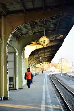 Road work is under the clock on the platform of the Vitebsk rail Stock Photos