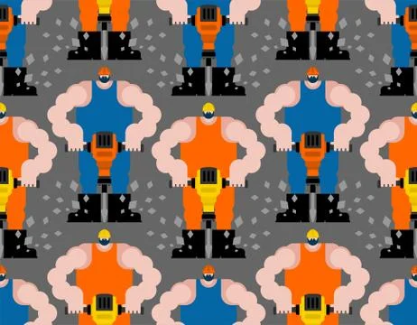 Road worker and jackhammer pattern seamless. Roadman at work background. vect Stockillustratie