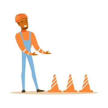 Road Worker Installing Cone Signals , Part Of Roadworks And Construction Site Stock Illustration