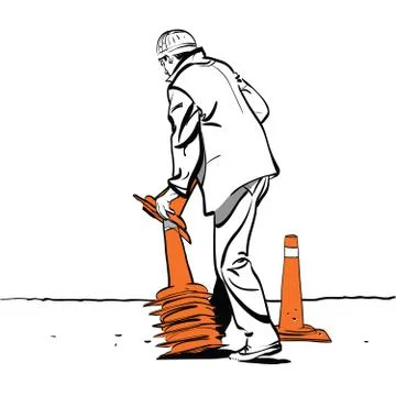 Road worker puts traffic cones Stock Illustration