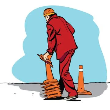 Road worker puts traffic cones Stock Illustration