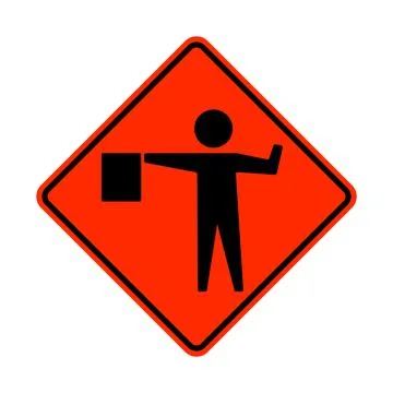 Road worker waving a flag warning road sign Stock Illustration
