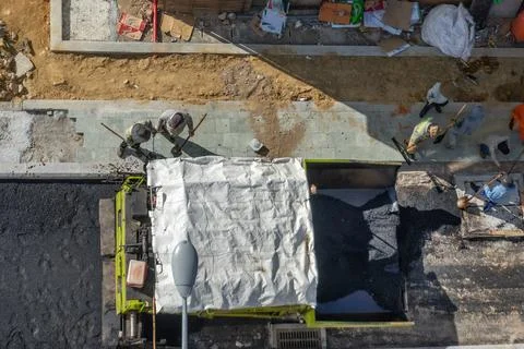 Road workers at construction site Stock-Fotos
