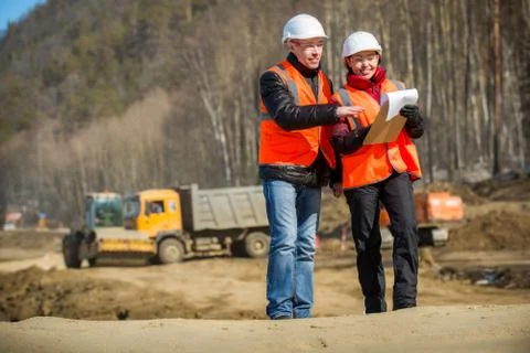 Road workers inspecting construction Stock Photos