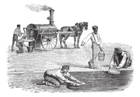 Road workers making pavement with the help of steam engine vintage engraving Stock Illustration