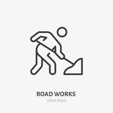 Road works flat line icon. Vector outline illustration of man with the shovel Illustrazione stock