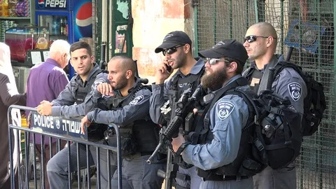Roadblock checkpoint in old city Jerusalem, security police officers Israel Video stock 71509274