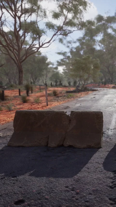 Roadblock on a dusty path surrounded by trees in an outback area Video stock 342709676