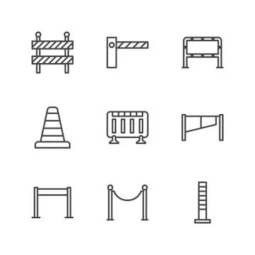 Roadblock flat line icons set. Barrier, crowd control barricades, rope stanchion Stock Illustration