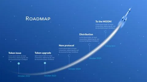 Roadmap with flying spacecraft with long trail in starry sky on blue background Illustrazione stock