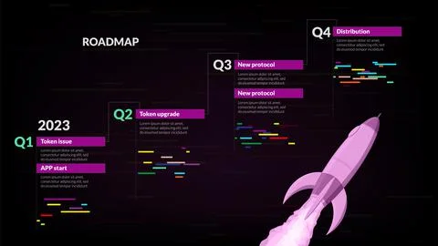 Roadmap with four sections in upward trend and spaceship on dark background.  Stock Illustration