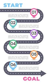 Roadmap Infographic With Six Sequential Steps Starting Point And Goal Desti.. Stock Illustration