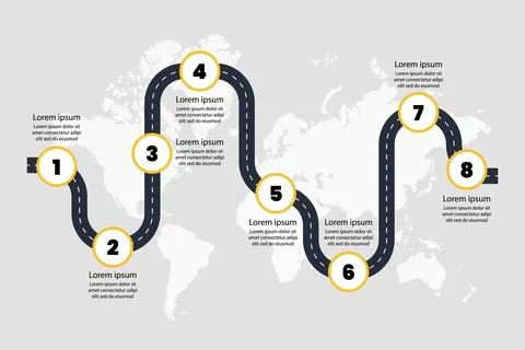 Roadmap infographic with steps process infographic world map background. Stock Illustration