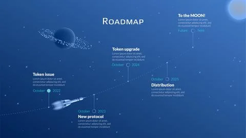 Roadmap with line to the Moon in starry sky and flying spacecraft between stages Stock Illustration