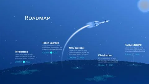 Roadmap with planet Earth and space rocket flying to the moon on blue Stock-Illustration